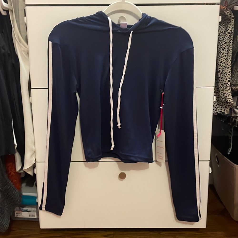 Navy Blue With White Stripes Hooded Sweatshirt Size Medium